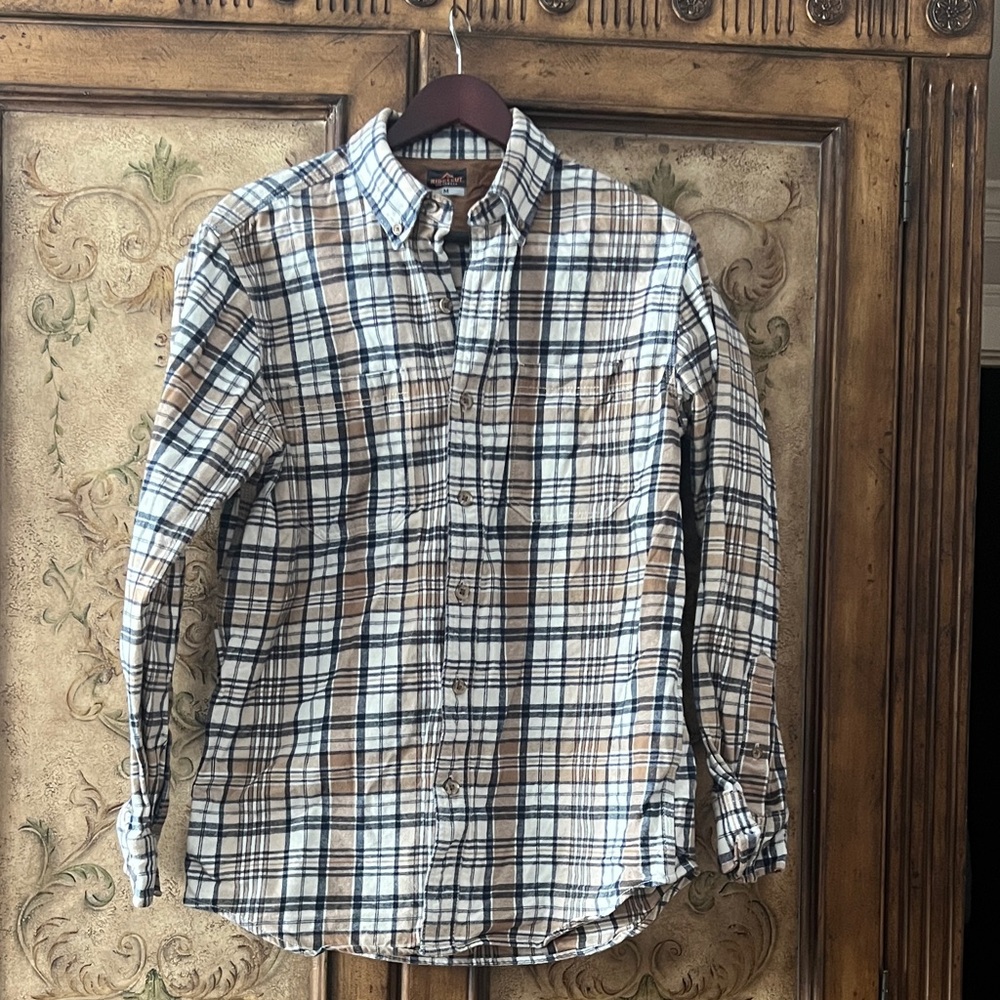 Men's Plaid Button-Down Shirt - White, Blue, and Brown